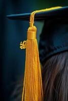Graduating cap with golden tassel displayed outdoors against a blurred background photo