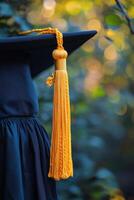 Graduating cap with golden tassel displayed outdoors against a blurred background photo