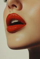 Close up of a womans perfectly defined red lips highlighting smooth skin and minimal makeup photo