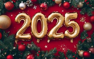 Bright golden balloons spell out 2025 surrounded by festive holiday decorations on a red background photo