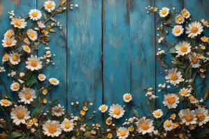 Colorful floral arrangement with daisies and greenery against a weathered blue wooden background photo