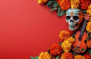 A vibrant ukulele surrounded by colorful autumn flowers on a bold red background photo