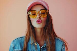 Young woman wearing a pink cap and sunglasses poses playfully against a pink background photo