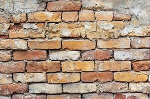Textured brick wall with a mix of colors and weathering evident in urban setting photo