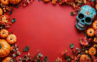 Colorful decorative skull and pumpkins surrounded by autumn leaves on a red background photo