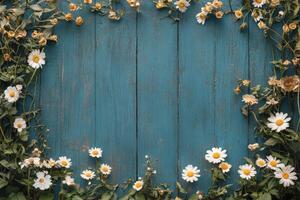 Colorful floral arrangement with daisies and greenery against a weathered blue wooden background photo