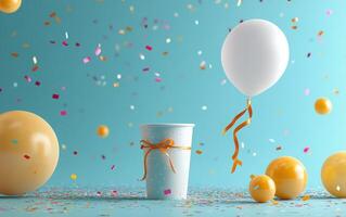 Colorful celebration setup with balloons, confetti, and a festive cup on a bright background photo