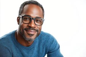 A smiling man with glasses wearing a blue sweater poses warmly against a white background photo