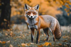 A red fox stands gracefully in a forest clearing surrounded by autumn foliage during daylight photo