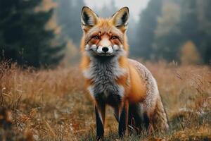 A red fox stands gracefully in a forest clearing surrounded by autumn foliage during daylight photo