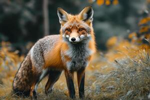 A red fox stands gracefully in a forest clearing surrounded by autumn foliage during daylight photo