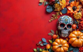 Colorful decorative skull and pumpkins surrounded by autumn leaves on a red background photo