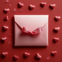 A beautifully wrapped pink gift box with a ribbon surrounded by heart shapes on a red background photo