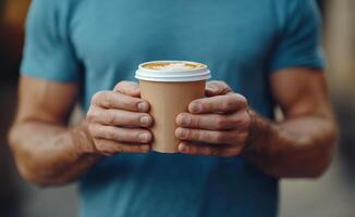 Man holding a coffee cup while standing against a textured red wall on a sunny day photo