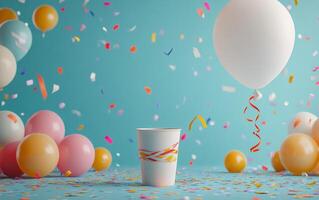 Colorful celebration setup with balloons, confetti, and a festive cup on a bright background photo