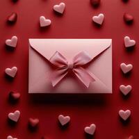 A beautifully wrapped pink gift box with a ribbon surrounded by heart shapes on a red background photo