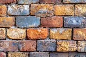 Textured brick wall with a mix of colors and weathering evident in urban setting photo