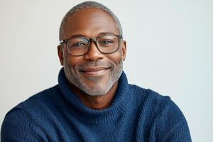 A smiling man with glasses wearing a blue sweater poses warmly against a white background photo