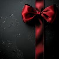 Elegant red ribbon with a bow displayed on a textured black background for gift wrapping photo