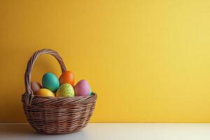Colorful Easter eggs in a wicker basket against a bright yellow background for festive decoration photo