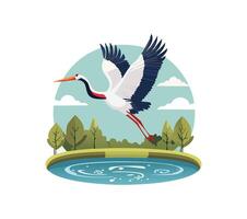 Crane flying over a tranquil pond vector