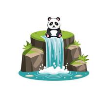 Panda resting on rocks amid a cascade vector