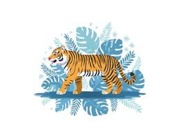 Tiger prowling on a background of blue floral patterns vector