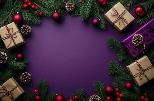 Festive holiday decorations with purple gifts and pine branches on a rich background photo