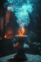 Enchanted brass lamp emitting flames and smoke in a mystical setting during twilight photo