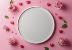 Decorative arrangement of pink roses and heart shapes surrounding a blank cake on a pink surface photo