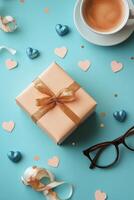 A cozy tea and coffee setup on a pastel blue table decorated with hearts and golden confetti photo