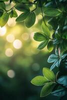 Lush green foliage fills the frame in a serene garden setting during golden hour photo