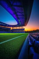 A vibrant football field at twilight with stadium lights illuminating the grass photo