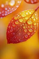 Close up of a vibrant red leaf with droplets in autumn light against a soft background photo