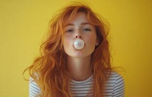 Young woman with red hair blows bubble gum against a vibrant yellow background indoors photo
