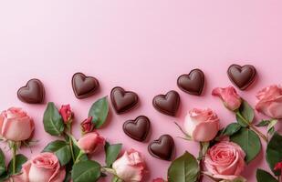 Romantic arrangement of pink roses and heart shaped chocolates on a pastel background photo