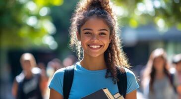 A smiling student walking through a campus filled with greenery during the daytime photo