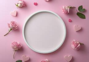 Decorative arrangement of pink roses and heart shapes surrounding a blank cake on a pink surface photo