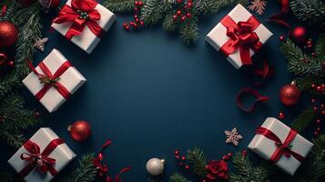 Festive holiday gifts arranged with greenery and ornaments on a dark background for celebration photo