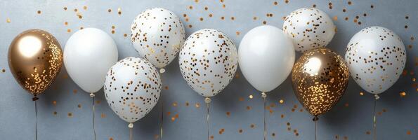 Decorative balloons in white and gold colors with confetti for a celebration event photo