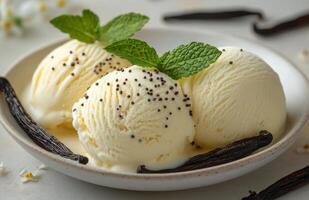 Creamy vanilla ice cream scoops with mint leaves and vanilla pods on a white plate photo