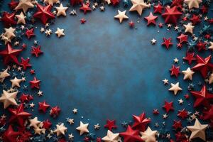 Decorative stars in red, white, and blue arranged on a blue background for a festive celebration photo