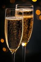 Two champagne flutes filled with bubbly drink on reflective surface with sparkling background photo