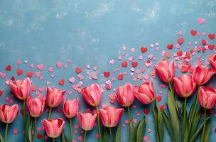 Pink tulips on a blue background with heart confetti for a festive touch photo