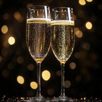Bubbly champagne glasses celebrate a festive occasion with sparkling bubbles and soft lights photo
