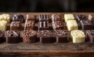 A variety of chocolates displayed on a wooden table showcasing intricate designs and textures photo