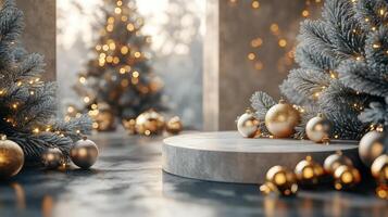 Elegant festive decor with a golden stage and Christmas trees adorned with ornaments photo