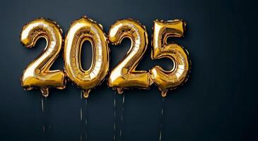 Golden balloons shaped as the year 2025 decorate a celebration backdrop for a New Years event photo