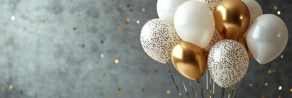 Decorative balloons in white and gold colors with confetti for a celebration event photo