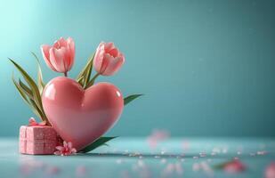 Beautiful heart shaped box adorned with flowers and a bow on a soft blue backdrop photo